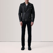 
Distressed Black Sheepskin Snuffed Biker Jacket - عرض خلفي يوضح تفصيل الأكتاف المتقن والحاشية النظيفة