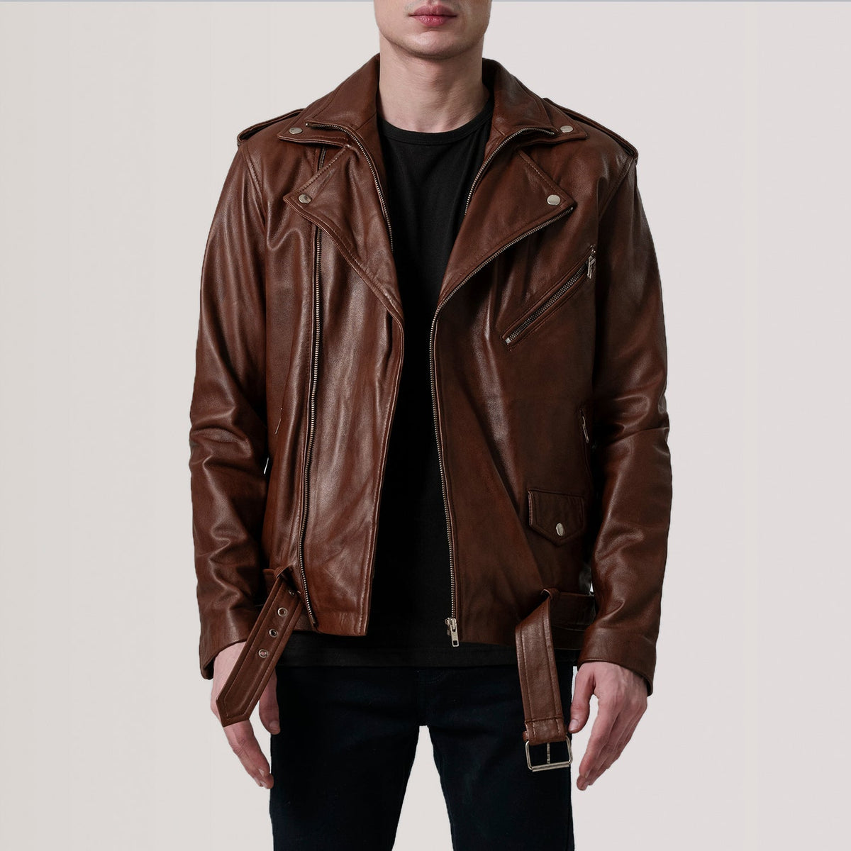 Kole Waxed بني Leather Double Rider جاكيت جلد رجالي in Distressed Brown Sheepskin Burnished - Front Profile View &amp; Tailored Silhouette | Buy Online
