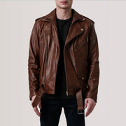 Kole Waxed بني Leather Double Rider جاكيت جلد رجالي in Distressed Brown Sheepskin Burnished - Front Profile View &amp; Tailored Silhouette | Buy Online