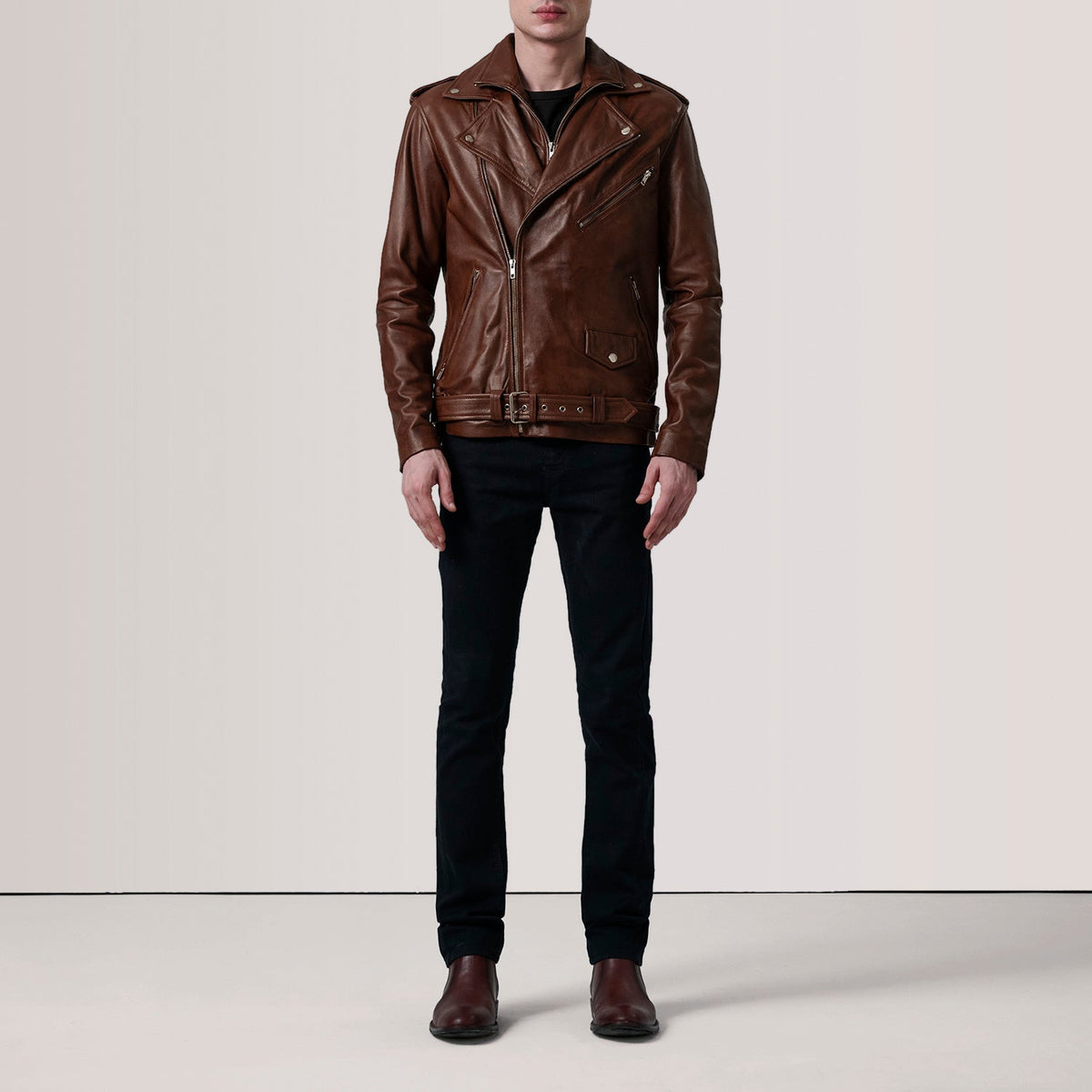 Distressed Brown Sheepskin Burnished Biker Jacket - Back View Showing Tailored Shoulder Fit &amp; Clean Hemline