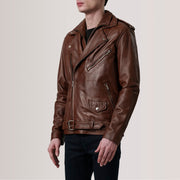 Kole Waxed بني Leather Double Rider جاكيت جلد رجالي - Lateral Side Profile View Showing Sleeve Cut &amp; Athletic Taper Fit