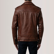 Close-Up Detail of Notch &amp; Zipper &amp; Waist Straps Hardware on Kole Waxed بني Leather Double Rider جاكيت جلد رجالي