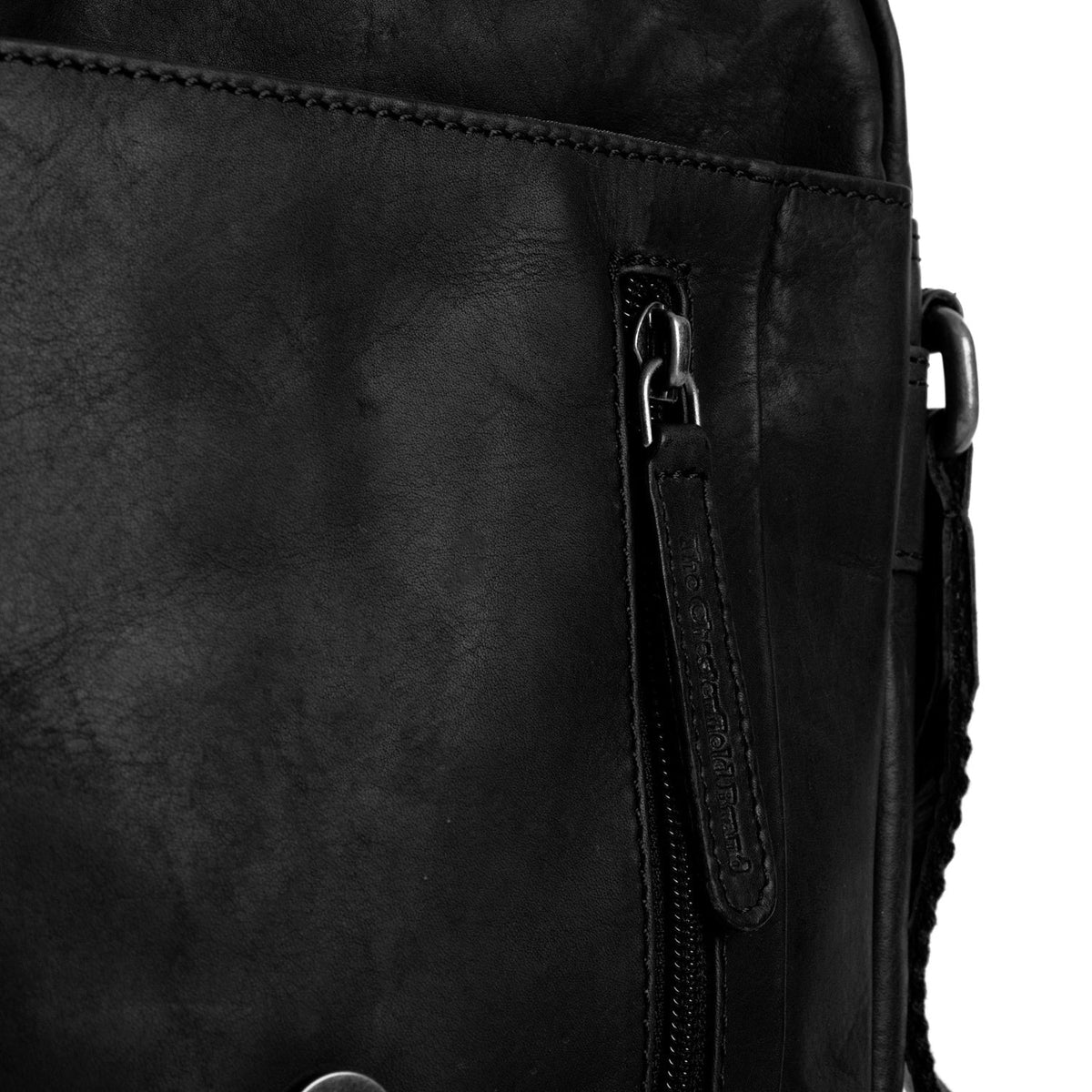 Solid Antique Brass Hardware &amp; Heavy-Duty Dual Zipper Detail on Remy Full-Grain Leather Crossbody Bag رجالي