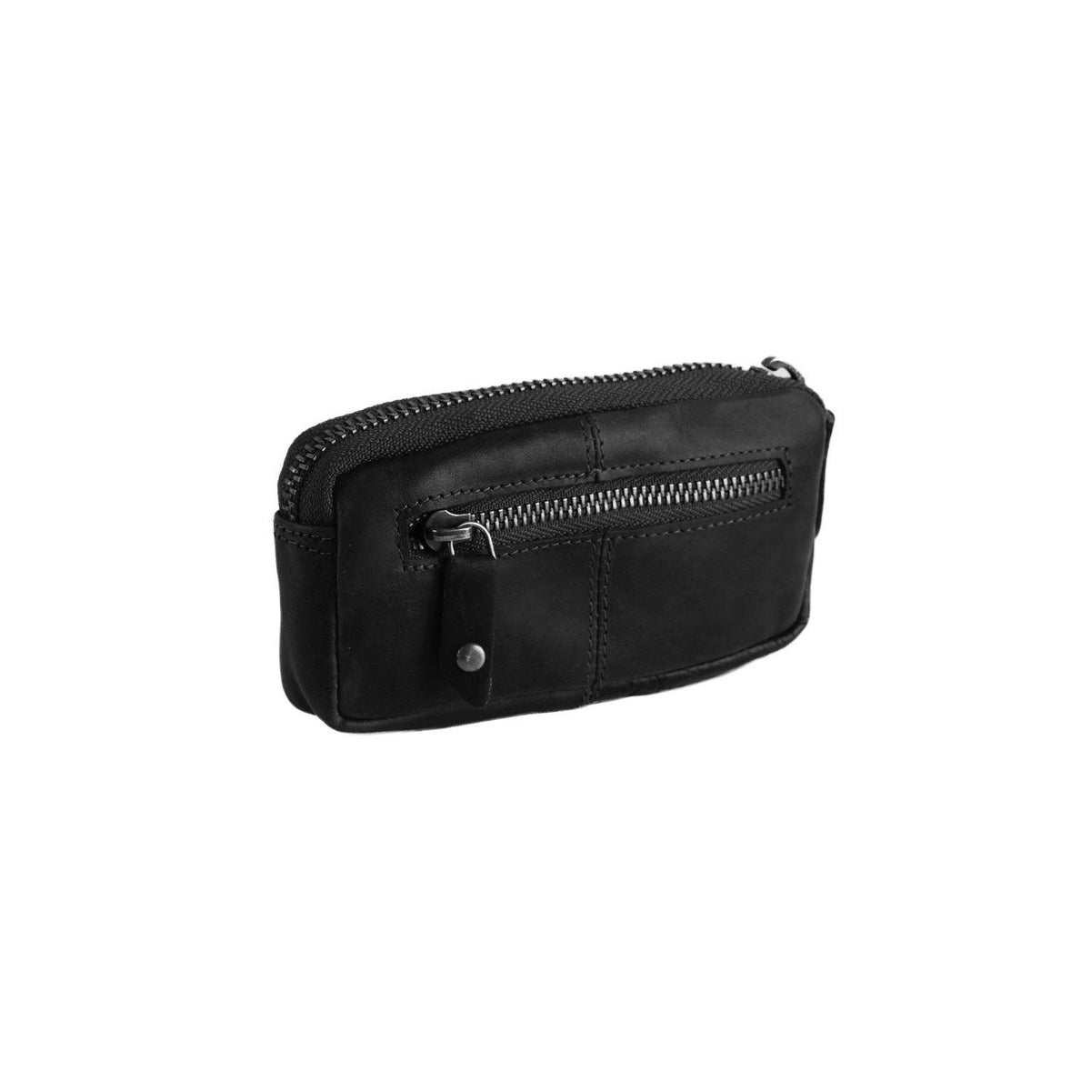 Close-Up Detail of Classic Collar &amp; Heavy-Duty Zipper Hardware on Corey Full-Grain Leather Key Case نسائي