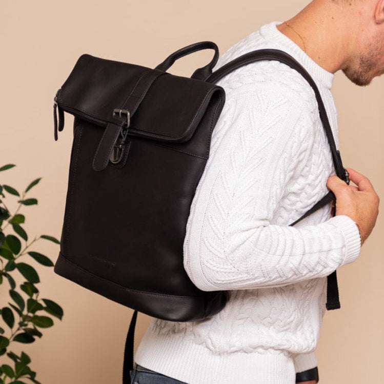 Classic 100% Full-Grain leather Backpack - Rear Perspective Showing Reinforced Leather Straps &amp; Stitching