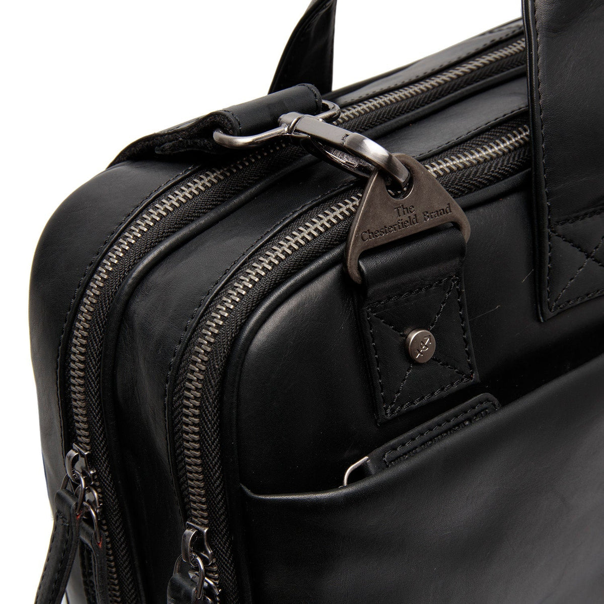 Solid Antique Brass Hardware &amp; Heavy-Duty Dual Zipper Detail on Iseo Full-Grain Leather Laptop Bag رجالي
