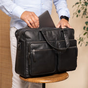 Misha Full-Grain Leather Laptop Bag نسائي - Structured Side Profile Showing Gusset Depth &amp; Expansion Capacity