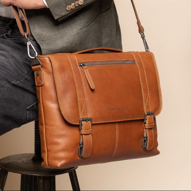 Classic 100% Full-Grain leather Briefcase - Rear Perspective Showing Reinforced Leather Straps & Stitching