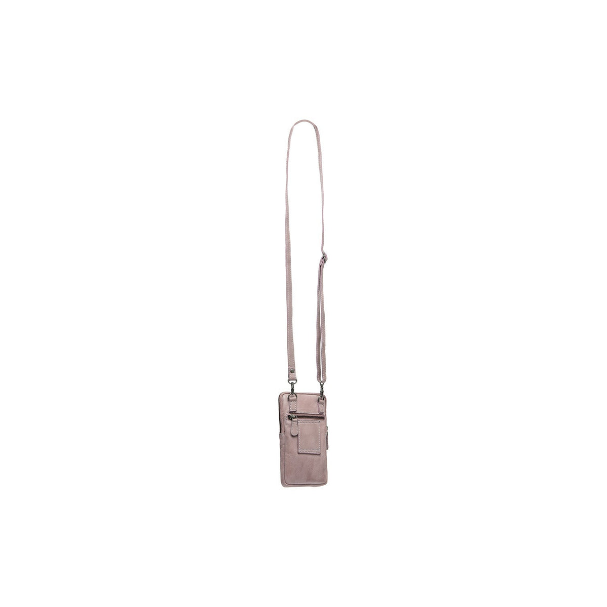 Styled Fit Perspective of Salta Full-Grain Leather Phone Bag نسائي on Model - Natural Daylight Drape
