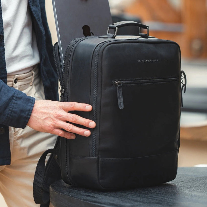Classic 100% Full-Grain leather Backpack - Rear Perspective Showing Reinforced Leather Straps & Stitching