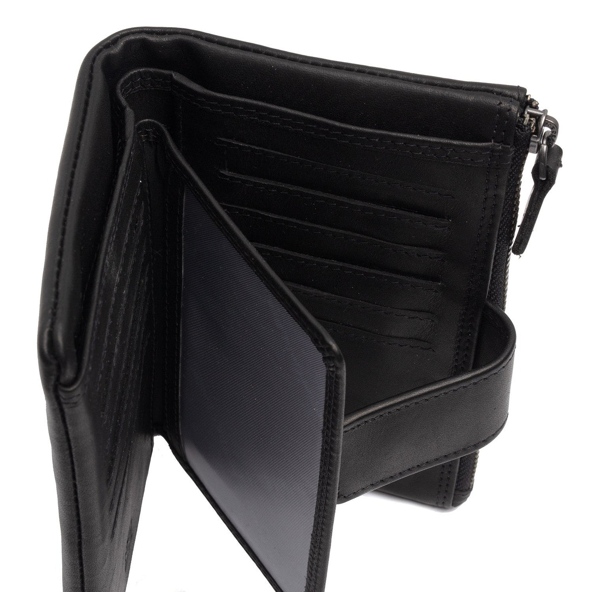 
Solid Antique Brass Hardware & Heavy-Duty Dual Zipper Detail on Landau محفظة جلدية فاخرة