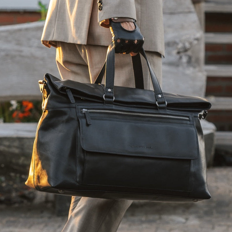 Classic 100% Full-Grain Leather Duffle Bag - Rear Perspective Showing Reinforced Leather Straps &amp; Stitching