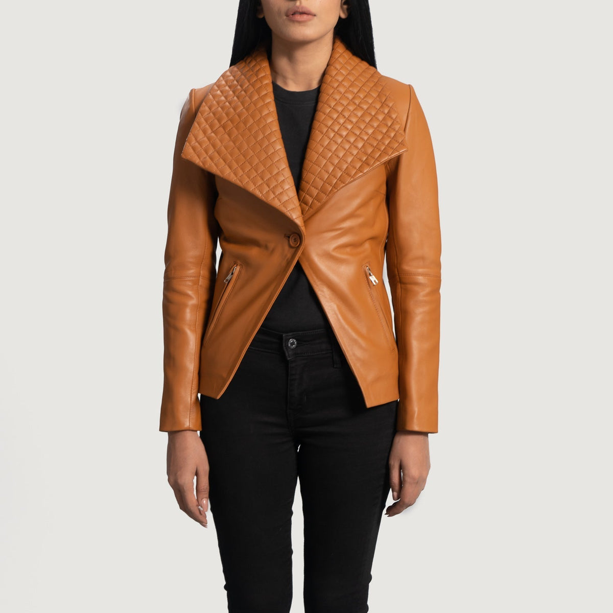 Women's Lee بيج بني بليزر جلد نسائي in Tan Brown Sheepskin Leather - Front Profile View &amp; Tailored Silhouette | Buy Online
