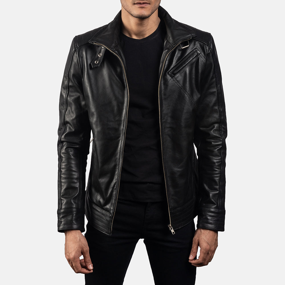 Men's Legacy أسود جاكيت بايكر جلد رجالي in Black Cowhide Leather - Front Profile View &amp; Tailored Silhouette | Buy Online