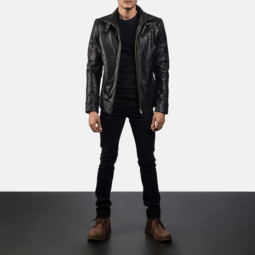 Men's Legacy أسود جاكيت بايكر جلد رجالي - Lateral Side Profile View Showing Sleeve Cut &amp; Athletic Taper Fit