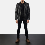 Men's Legacy أسود جاكيت بايكر جلد رجالي - Lateral Side Profile View Showing Sleeve Cut &amp; Athletic Taper Fit