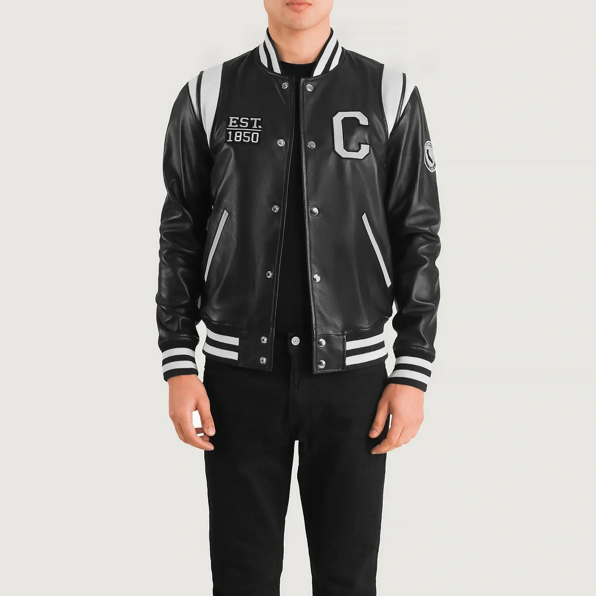 Liberte California أسود Leather Varsity جاكيت جلد رجالي in Black &amp; White Sheepskin Leather - Front Profile View &amp; Tailored Silhouette | Buy Online