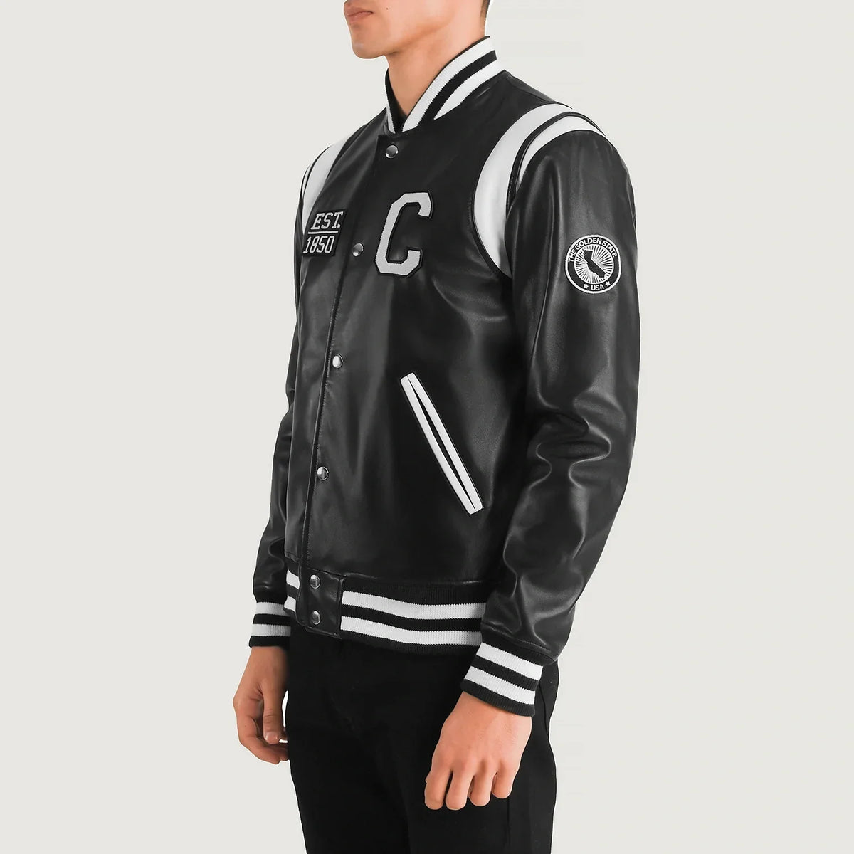 Black &amp; White Sheepskin Leather Varsity Jacket - Back View Showing Tailored Shoulder Fit &amp; Clean Hemline