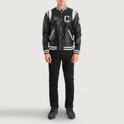 Liberte California أسود Leather Varsity جاكيت جلد رجالي - Lateral Side Profile View Showing Sleeve Cut &amp; Athletic Taper Fit