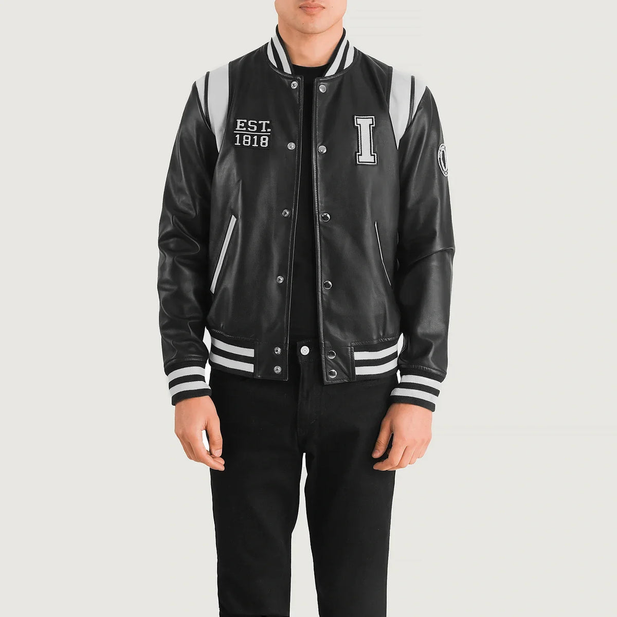 Liberte Illinois أسود Leather Varsity جاكيت جلد رجالي in Black &amp; White Sheepskin Leather - Front Profile View &amp; Tailored Silhouette | Buy Online