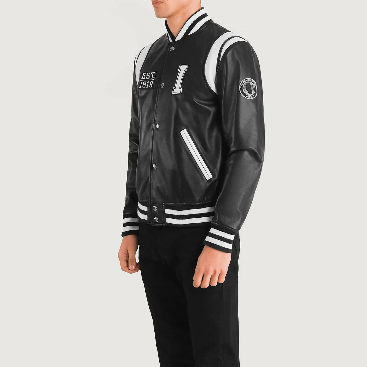 Black &amp; White Sheepskin Leather Varsity Jacket - Back View Showing Tailored Shoulder Fit &amp; Clean Hemline
