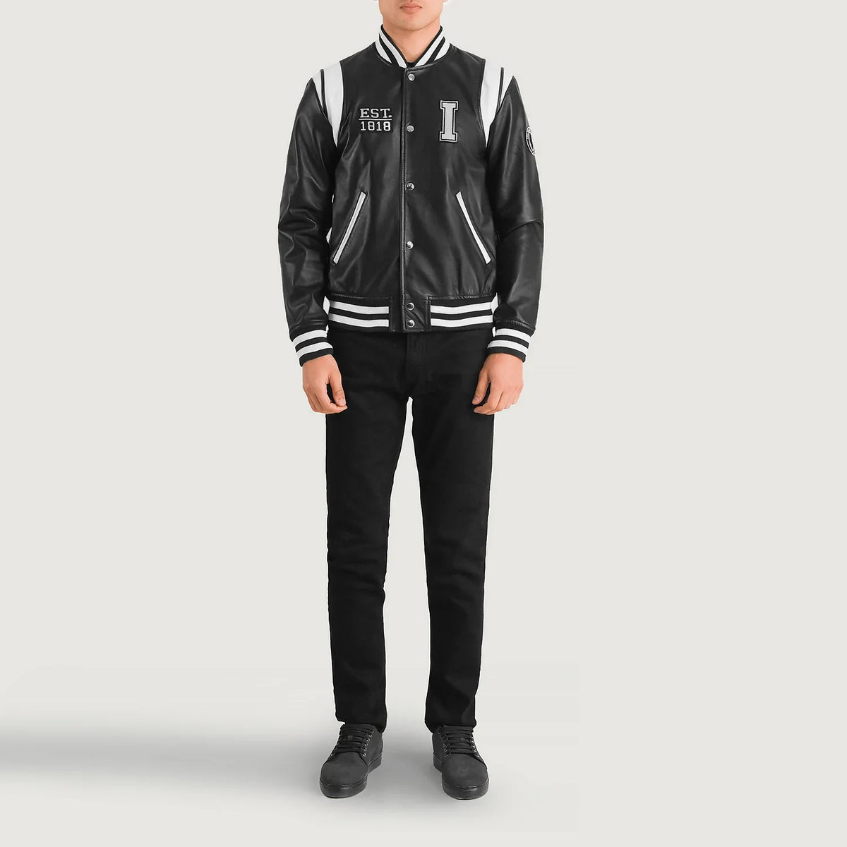 Liberte Illinois أسود Leather Varsity جاكيت جلد رجالي - Lateral Side Profile View Showing Sleeve Cut &amp; Athletic Taper Fit