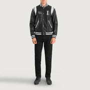 Liberte Illinois أسود Leather Varsity جاكيت جلد رجالي - Lateral Side Profile View Showing Sleeve Cut &amp; Athletic Taper Fit