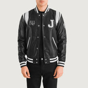 Liberte New Jersey أسود Leather Varsity جاكيت جلد رجالي in Black &amp; White Sheepskin Leather - Front Profile View &amp; Tailored Silhouette | Buy Online