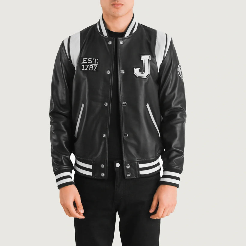 Liberte New Jersey Black Leather Varsity Jacket in Black & White Sheepskin Leather - Front Profile View & Tailored Silhouette | Buy Online