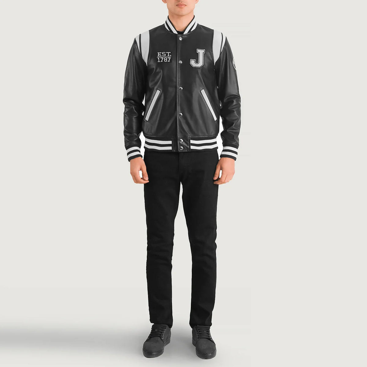Liberte New Jersey أسود Leather Varsity جاكيت جلد رجالي - Lateral Side Profile View Showing Sleeve Cut &amp; Athletic Taper Fit