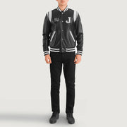 Liberte New Jersey أسود Leather Varsity جاكيت جلد رجالي - Lateral Side Profile View Showing Sleeve Cut &amp; Athletic Taper Fit