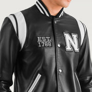 
تفاصيل مقربة of Varsity & Snap Button Hardware on Liberte New York أسود Leather Varsity جاكيت جلد رجالي