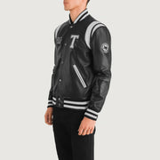 Black &amp; White Sheepskin Leather Varsity Jacket - Back View Showing Tailored Shoulder Fit &amp; Clean Hemline