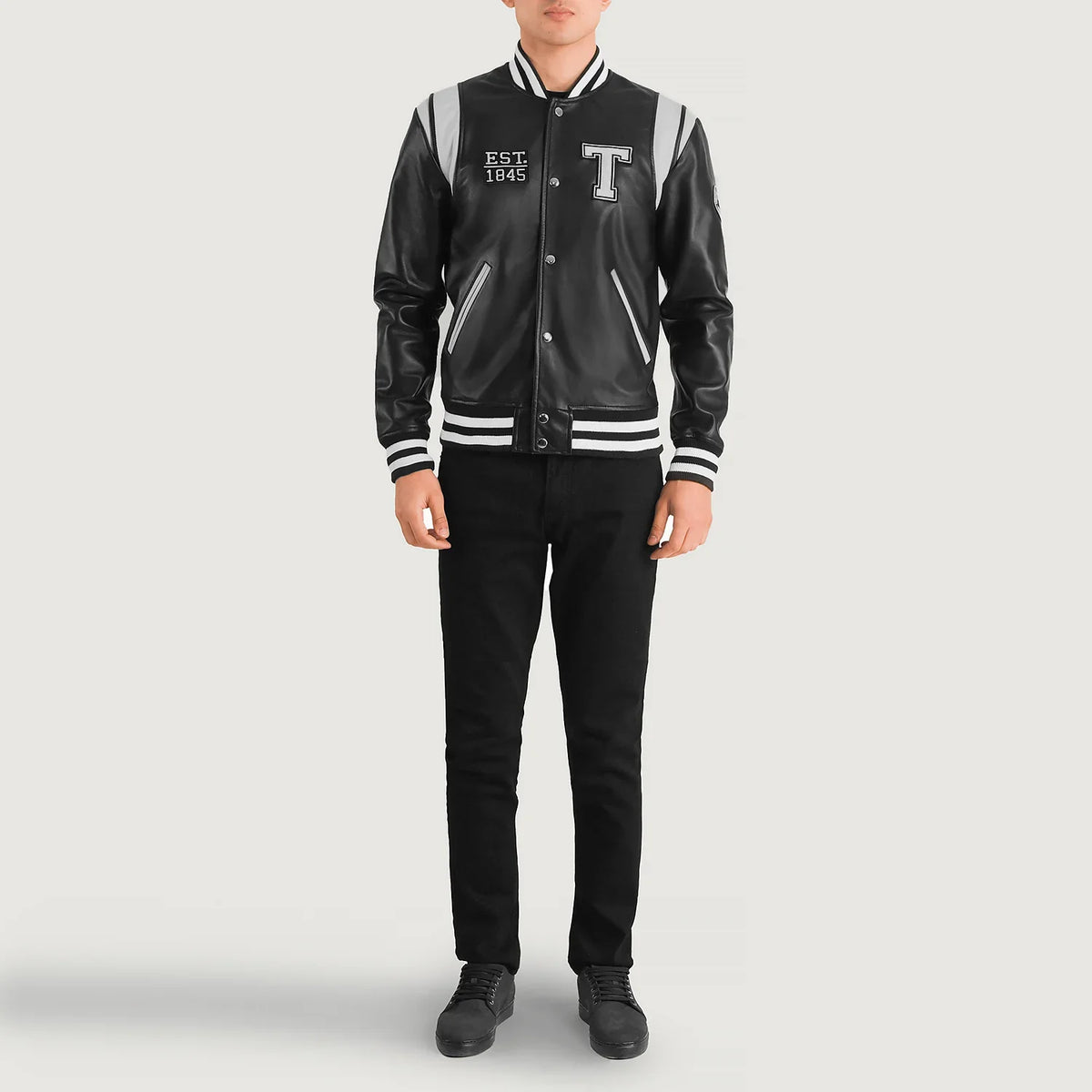 Liberte Texas أسود Leather Varsity جاكيت جلد رجالي - Lateral Side Profile View Showing Sleeve Cut &amp; Athletic Taper Fit