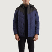 
Luka أسود & أزرق Hooded Puffer جاكيت جلد رجالي in Black & Blue Full-Grain Leather - عرض أمامي وقَصّة مفصلة أنيقة | شراء أونلاين عبر المتجر الرسمي