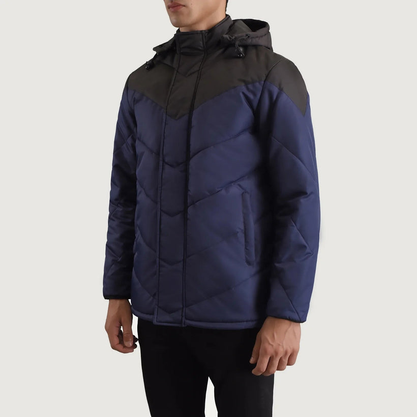 Luka أسود & أزرق Hooded Puffer جاكيت جلد رجالي
