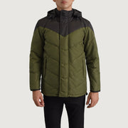 
تفاصيل مقربة of Classic Collar & Zipper With Velcro Placket Hardware on Luka أسود & أخضر Hooded Puffer جاكيت جلد رجالي