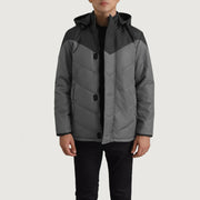 
Luka أسود & Grey Hooded Puffer جاكيت جلد رجالي in Black & Grey Full-Grain Leather - عرض أمامي وقَصّة مفصلة أنيقة | شراء أونلاين عبر المتجر الرسمي