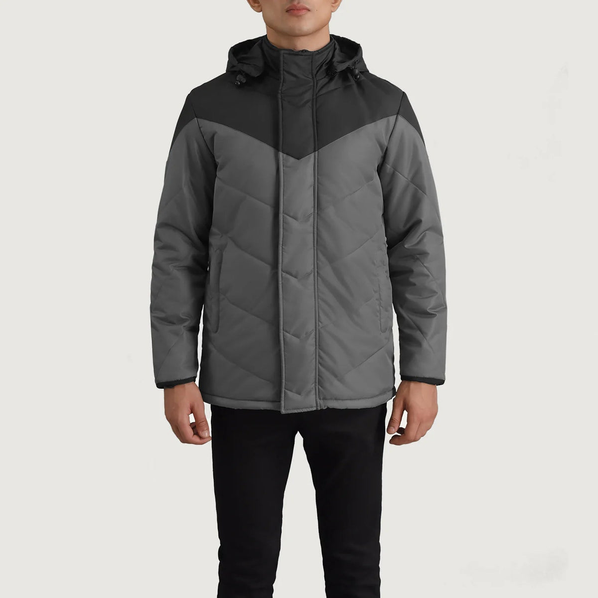 
تفاصيل مقربة of Classic Collar & Zipper With Velcro Placket Hardware on Luka أسود & Grey Hooded Puffer جاكيت جلد رجالي