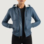 
Luna Blue Hooded Leather Bomber Jacket in Blue Sheepskin Leather - عرض أمامي وقَصّة مفصلة أنيقة | شراء أونلاين عبر المتجر الرسمي