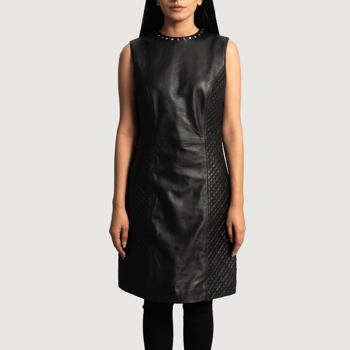 Women's Luxe أسود Leather Dress نسائي in Black Sheepskin Leather - Front Profile View &amp; Tailored Silhouette | Buy Online