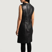 Women's Luxe أسود Leather Dress نسائي - Lateral Side Profile View Showing Sleeve Cut &amp; Athletic Taper Fit