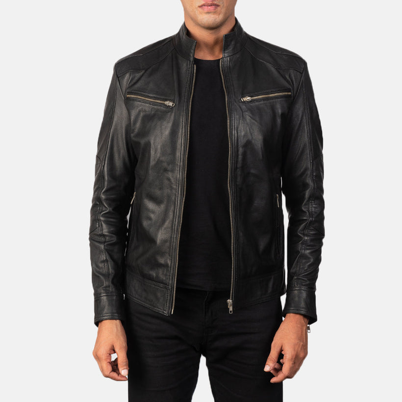 Men's Mack Black Leather Biker Jacket in Black Goatskin Leather - Front Profile View & Tailored Silhouette | Buy Online