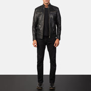 Men's Mack أسود جاكيت بايكر جلد رجالي - Lateral Side Profile View Showing Sleeve Cut &amp; Athletic Taper Fit