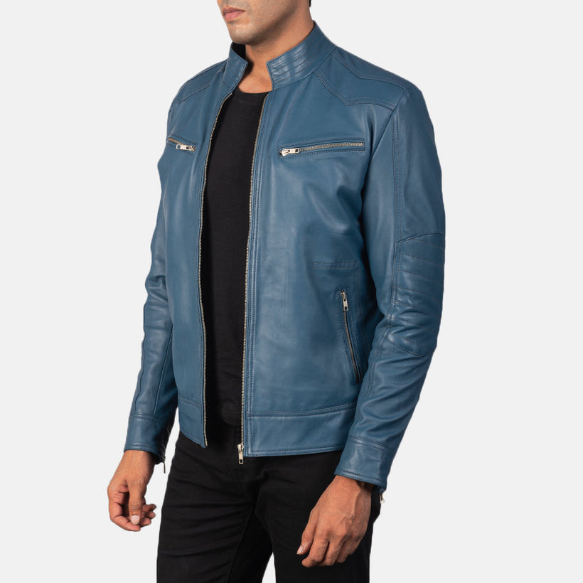 Blue Sheepskin Leather Biker Jacket - Back View Showing Tailored Shoulder Fit & Clean Hemline
