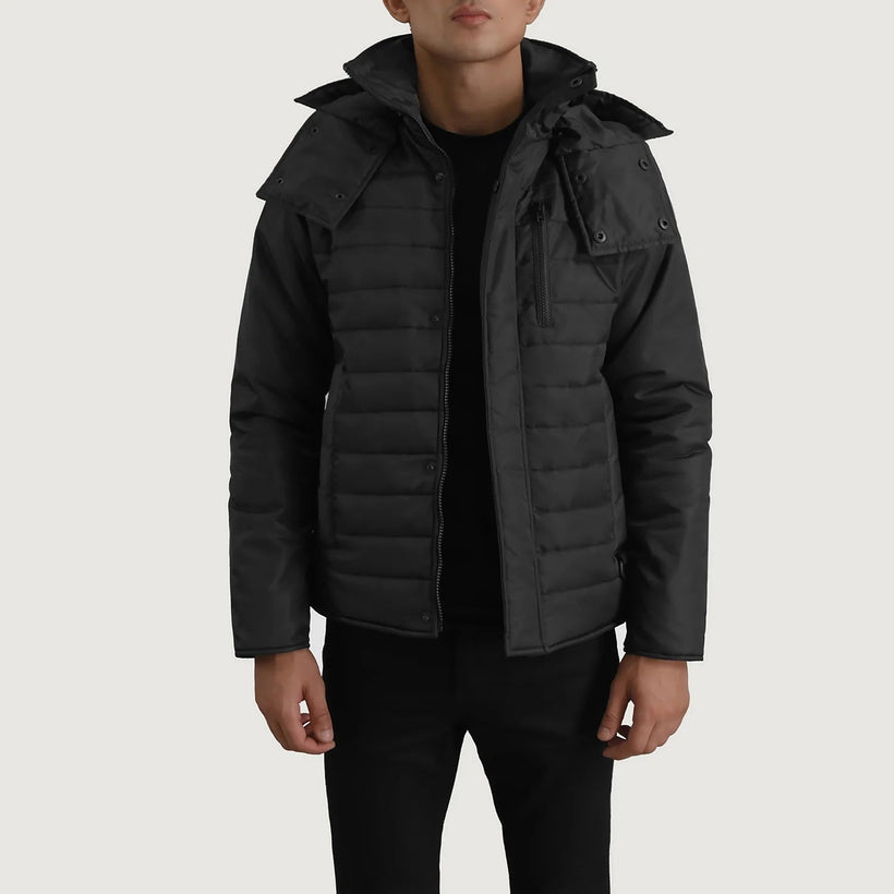 Malcolm أسود Hooded Puffer جاكيت جلد رجالي