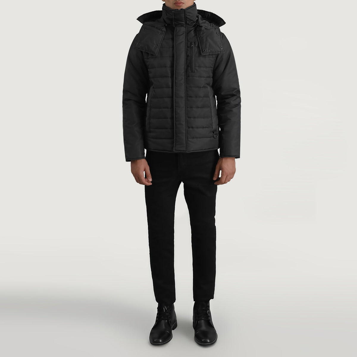 
Malcolm أسود Hooded Puffer جاكيت جلد رجالي - عرض جانبي يوضح قَصّة الأكمام المريحة
