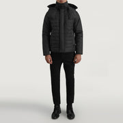
Malcolm أسود Hooded Puffer جاكيت جلد رجالي - عرض جانبي يوضح قَصّة الأكمام المريحة