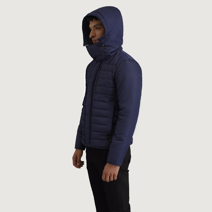Malcolm أزرق Hooded Puffer جاكيت جلد رجالي