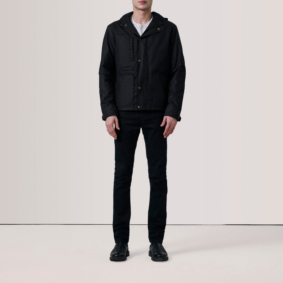 Black Waxed Cotton Canvas Hooded Jacket - Back View Showing Tailored Shoulder Fit & Clean Hemline